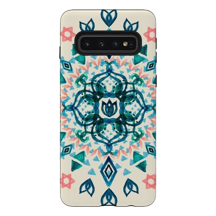Galaxy S10 StrongFit Watercolor Lotus Mandala in Teal & Salmon Pink by Micklyn Le Feuvre