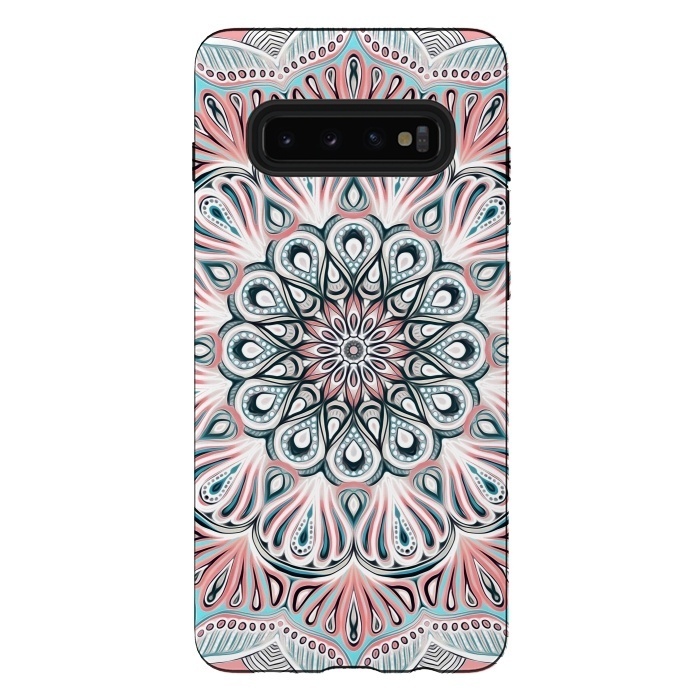 Galaxy S10 plus StrongFit Expansion - boho mandala in soft salmon pink & blue by Micklyn Le Feuvre