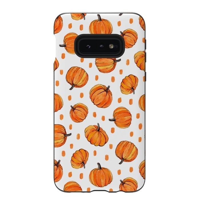 Galaxy S10e StrongFit Little Gouache Pumpkins with Dots on White by Micklyn Le Feuvre