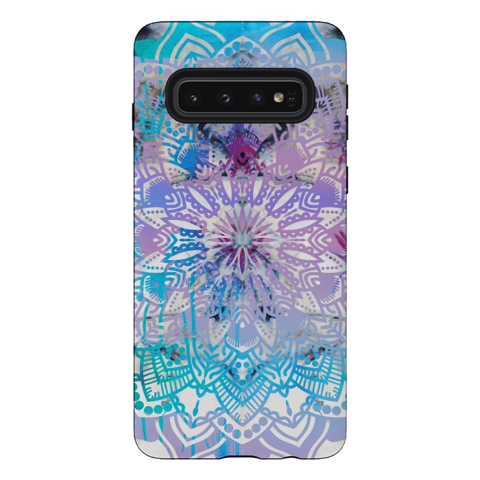 Galaxy S10 StrongFit Blue lavender mandala drawing on white marble by Oana 