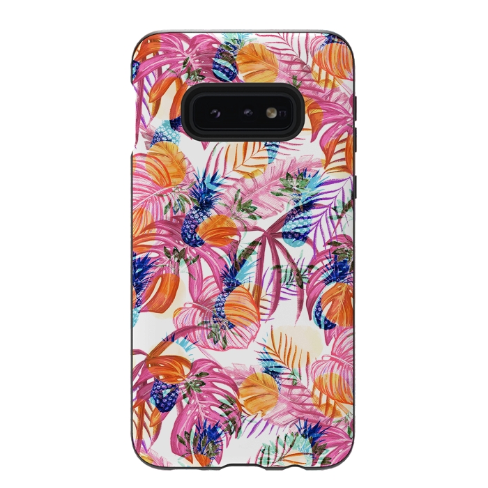Galaxy S10e StrongFit Pink tropical leaves and blue pineapples by Oana 