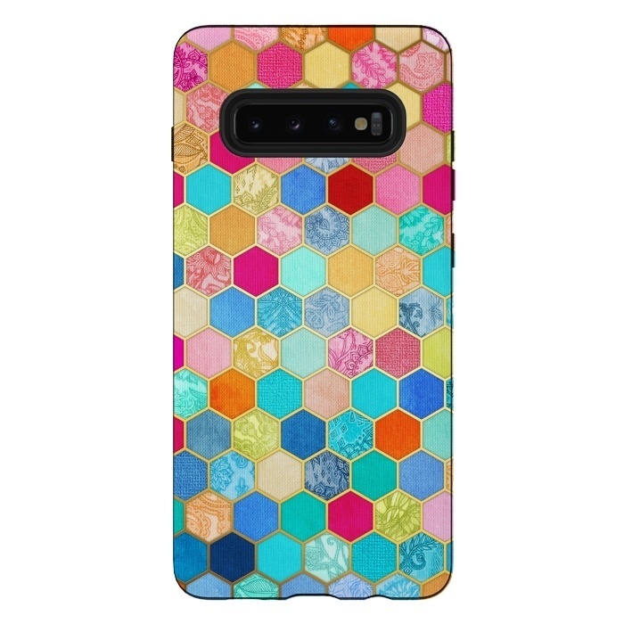 Galaxy S10 plus StrongFit Patterned Honeycomb Patchwork in Jewel Colors by Micklyn Le Feuvre
