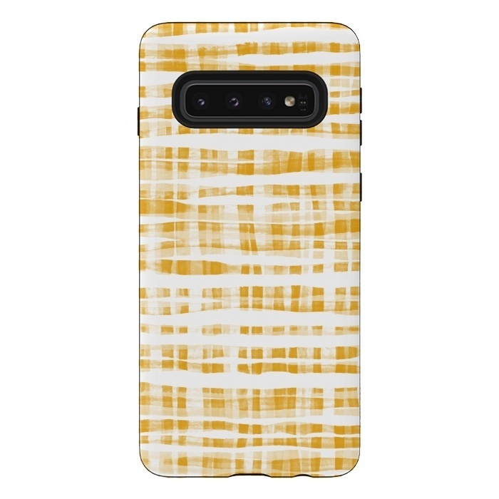 Galaxy S10 StrongFit Happy Mustard Yellow Hand Painted Gingham by Micklyn Le Feuvre