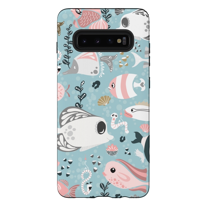 Galaxy S10 plus StrongFit Funny Fish in Pink and Grey by Paula Ohreen