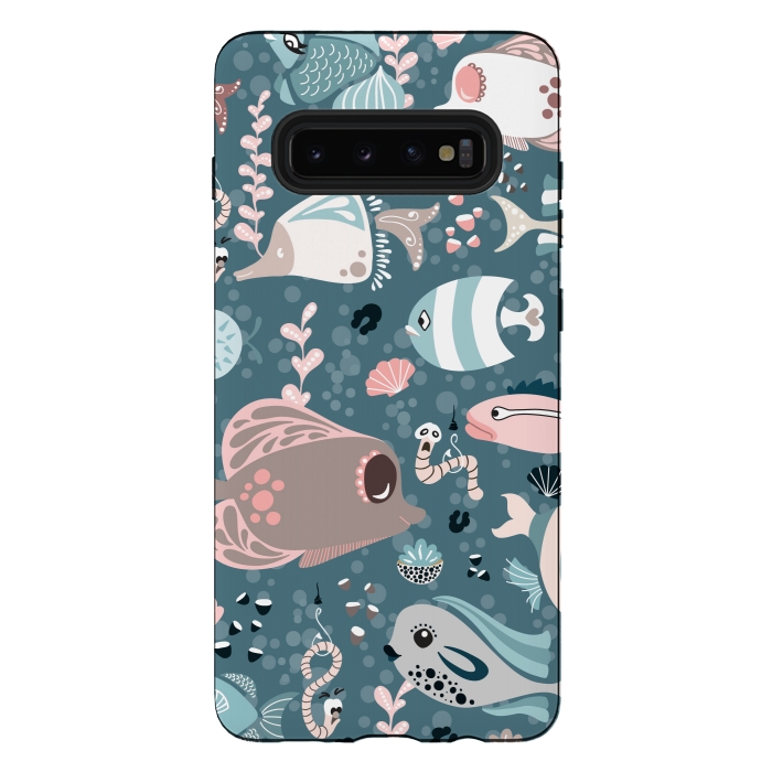 Galaxy S10 plus StrongFit Funny Fish in Blue and White by Paula Ohreen