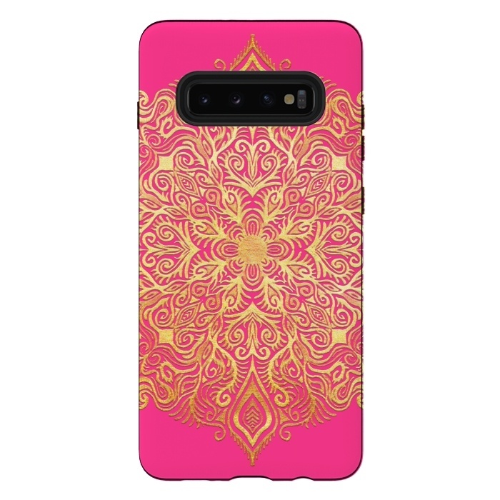 Galaxy S10 plus StrongFit Ornate Gold Mandala on Hot Pink by Micklyn Le Feuvre
