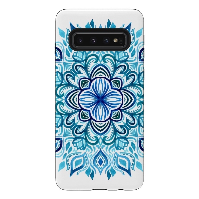 Galaxy S10 StrongFit Watercolor Blues Lotus Mandala by Micklyn Le Feuvre