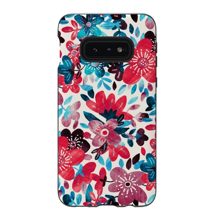 Galaxy S10e StrongFit Happy Red & Blue Floral Collage  by Micklyn Le Feuvre