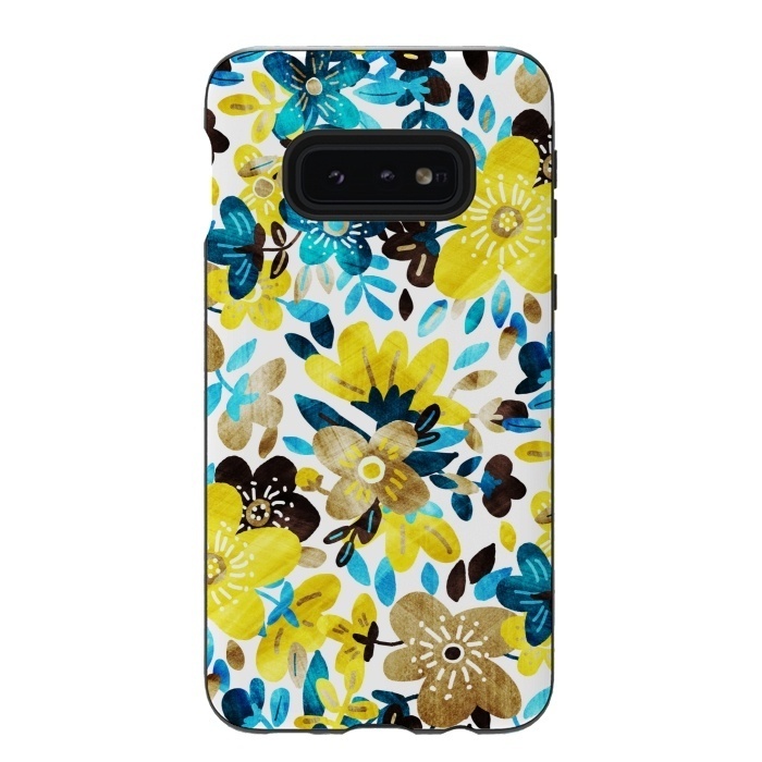 Galaxy S10e StrongFit Happy Yellow & Turquoise Floral Collage by Micklyn Le Feuvre