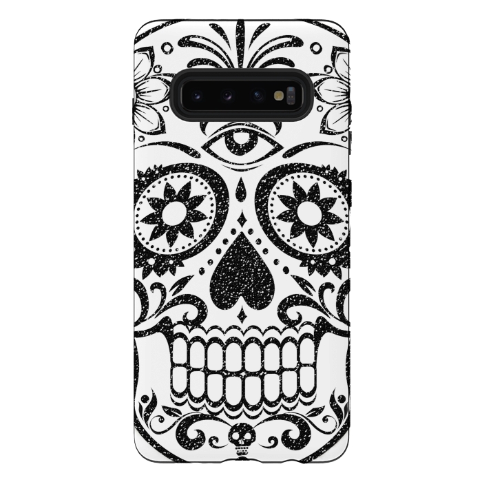 Galaxy S10 plus StrongFit Black glitter decorated floral sugar skull - Halloween by Oana 
