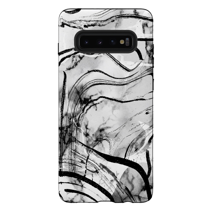Galaxy S10 plus StrongFit Minimal white gray marble with black ink brushstroke stripes by Oana 