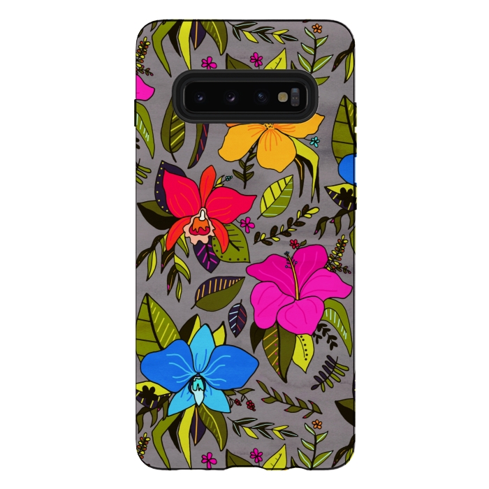 Galaxy S10 plus StrongFit Tropical Floral On Grey  by Tigatiga