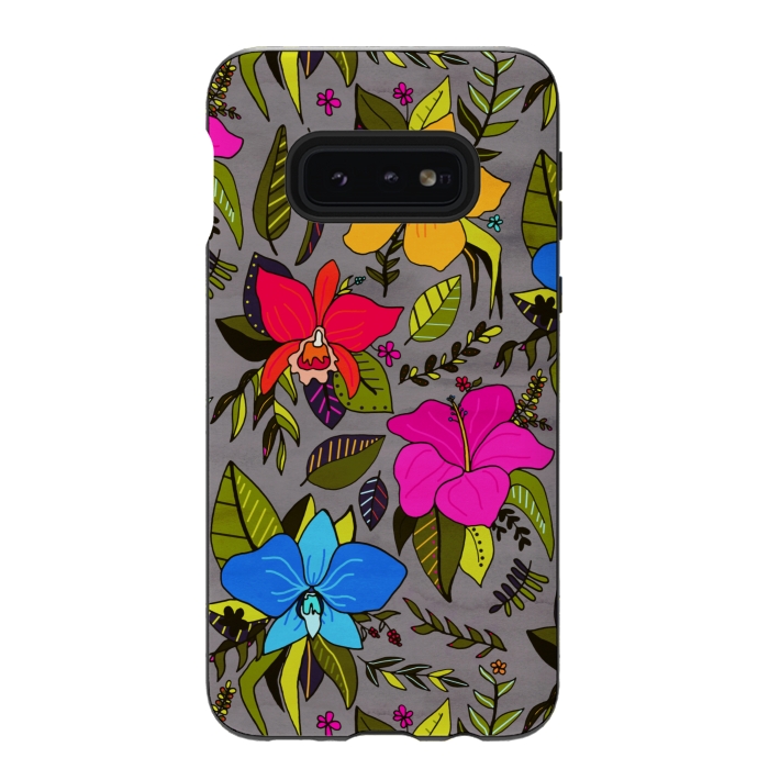 Galaxy S10e StrongFit Tropical Floral On Grey  by Tigatiga