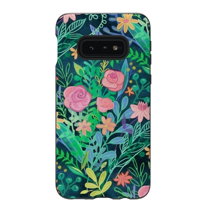 Galaxy S10e StrongFit Bright Floral Posie on Dark Green by Micklyn Le Feuvre