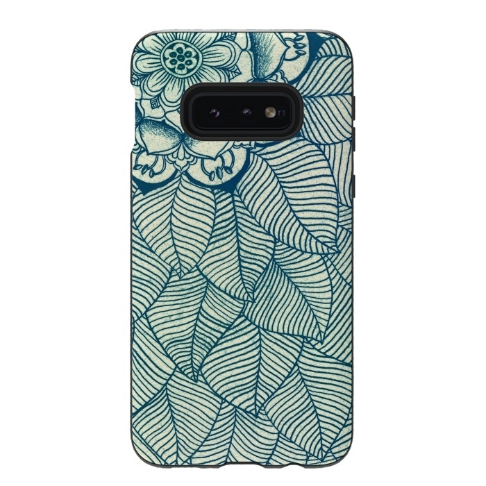 Galaxy S10e StrongFit Emerald Green, Navy & Cream Floral & Leaf doodle by Micklyn Le Feuvre