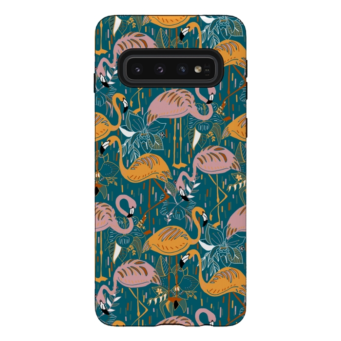 Galaxy S10 StrongFit Flamingos On Blue  by Tigatiga