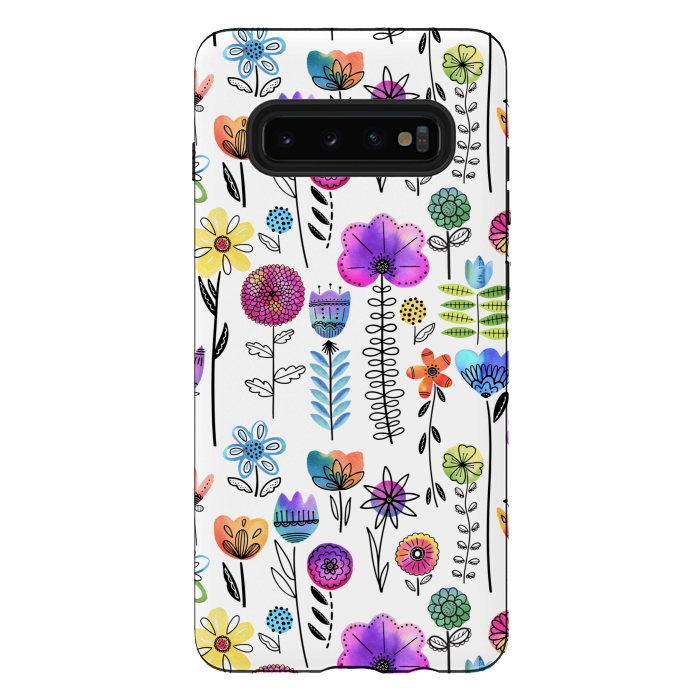 Galaxy S10 plus StrongFit Bright Watercolor and Line Art Flowers by Noonday Design