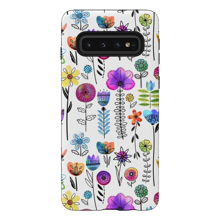 Galaxy S10 StrongFit Bright Watercolor and Line Art Flowers by Noonday Design