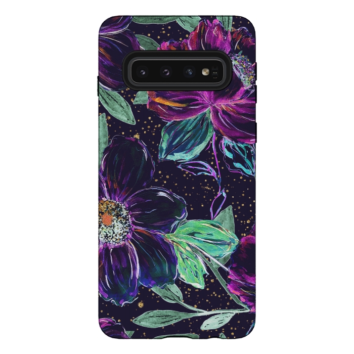 Galaxy S10 StrongFit Whimsical hand paint floral and golden confetti design by InovArts