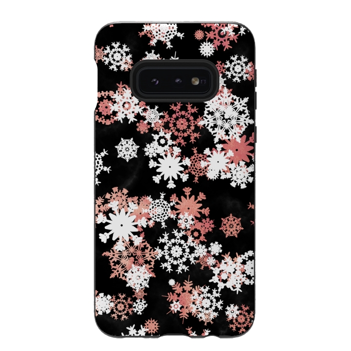 Galaxy S10e StrongFit Rose gold and white snowflakes on black background by Oana 