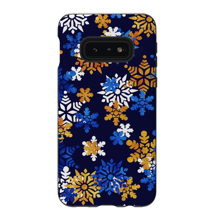 Galaxy S10e StrongFit Blue, gold, white snowflakes by Oana 