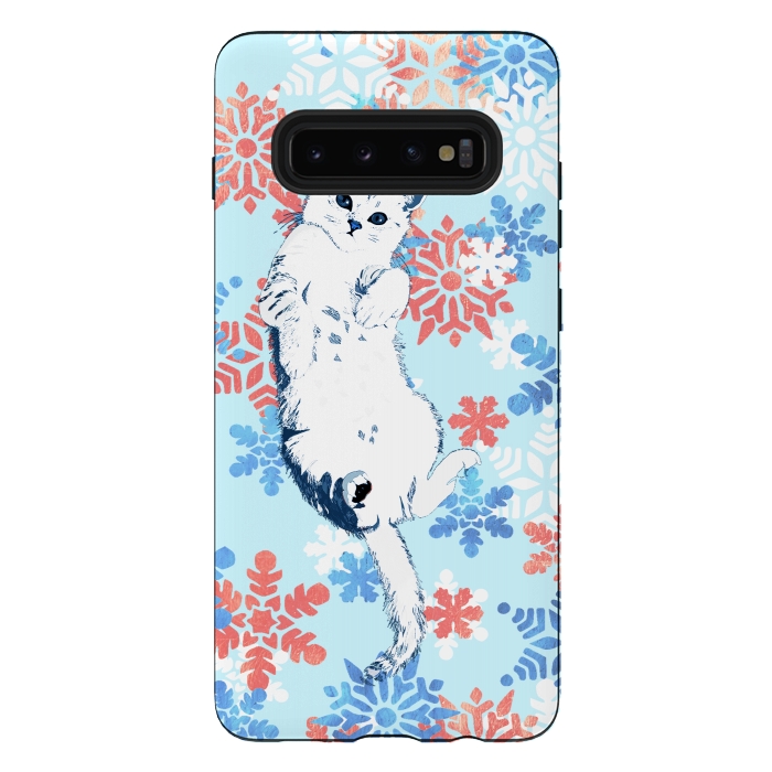 Galaxy S10 plus StrongFit White cat and blue white gold snowflakes by Oana 