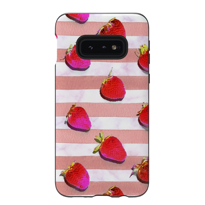 Galaxy S10e StrongFit strawberries on watercolor painted stripes by Oana 