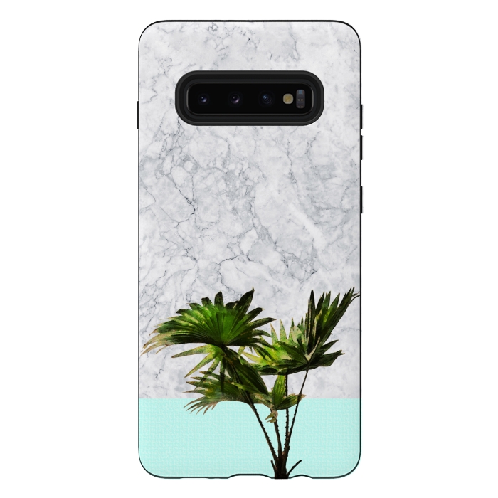 Galaxy S10 plus StrongFit Palm Plant on Marble and Pastel Blue Wall by amini54