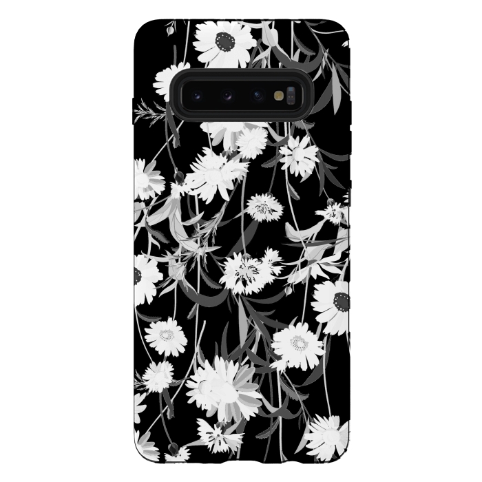 Galaxy S10 plus StrongFit White daisies botanical illustration on black background by Oana 