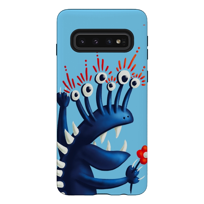 Galaxy S10 StrongFit Funny Monster In Blue With Flower by Boriana Giormova