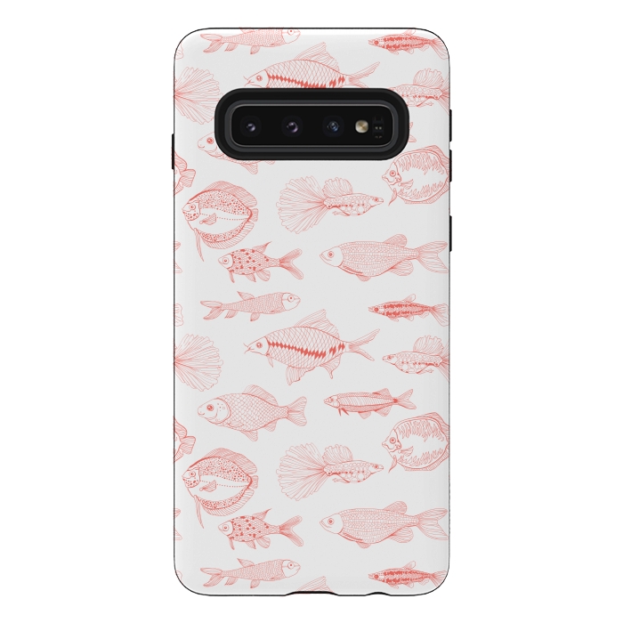 Galaxy S10 StrongFit Fishes in living coral color, hand drawn pattern by Katerina Kirilova