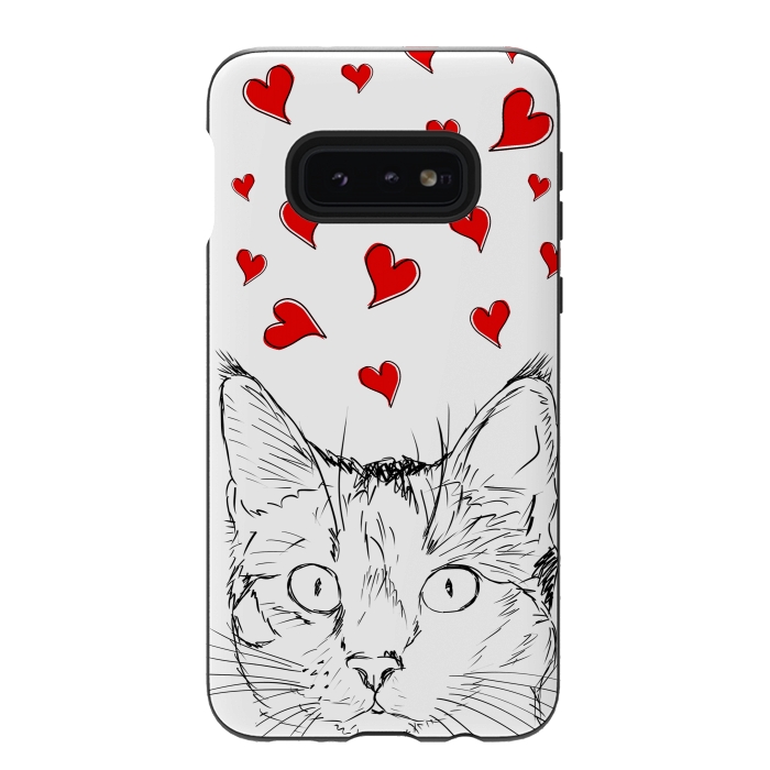 Galaxy S10e StrongFit Cute line art cat and red hearts by Oana 