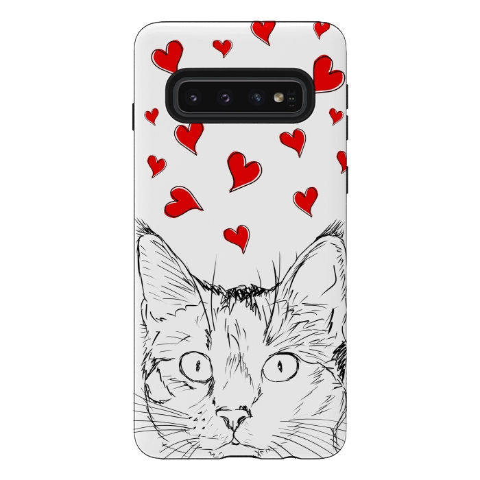 Galaxy S10 StrongFit Cute line art cat and red hearts by Oana 