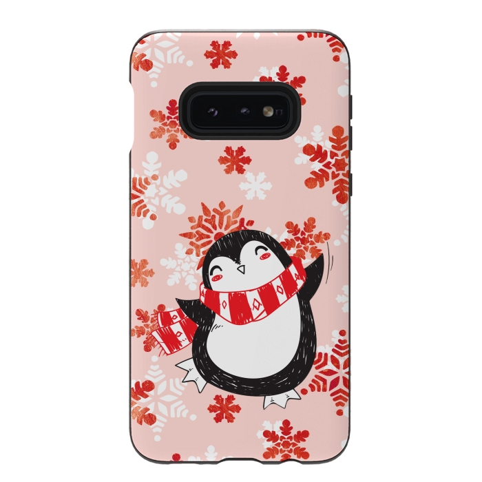 Galaxy S10e StrongFit Happy penguin and metallic snowflakes - winter illustration by Oana 
