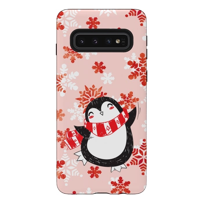Galaxy S10 StrongFit Happy penguin and metallic snowflakes - winter illustration by Oana 