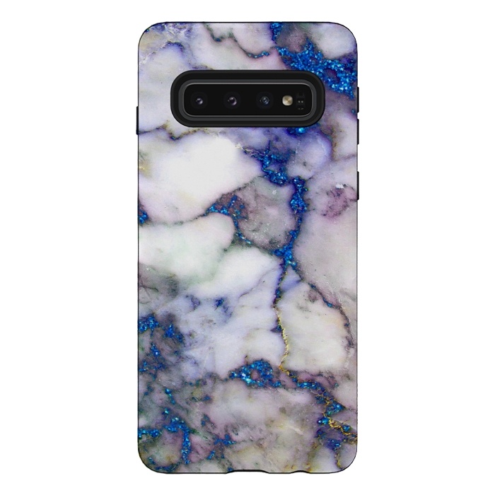 Galaxy S10 StrongFit Blue Glitter Veins on Gray Marble by  Utart