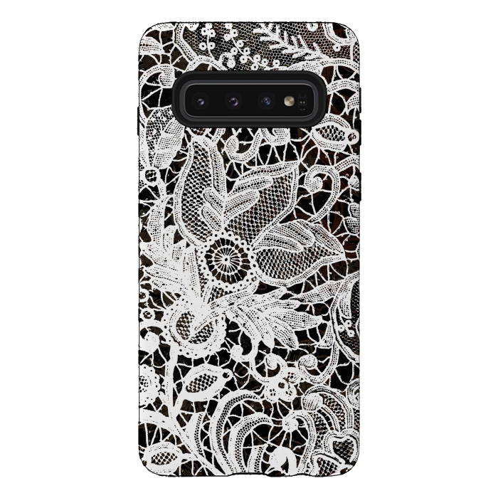 Galaxy S10 StrongFit White floral vintage lace on black by Oana 