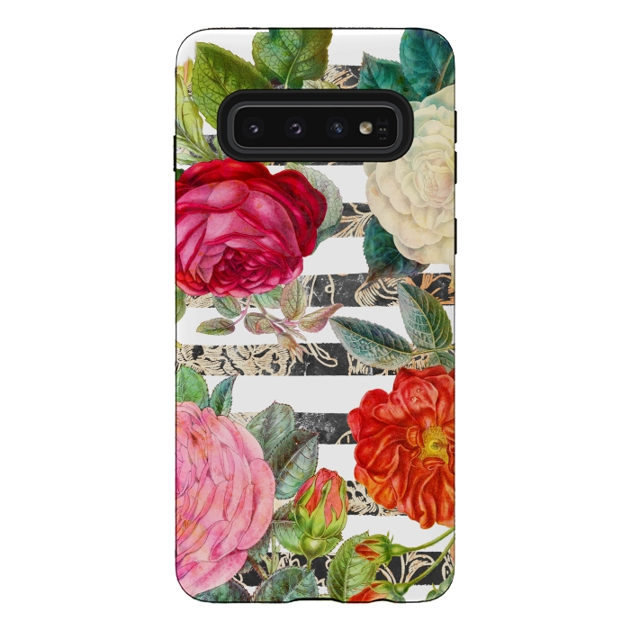 Galaxy S10 StrongFit Colorful roses botanical illustration on white stripes by Oana 