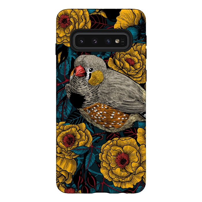 Galaxy S10 StrongFit Zebra finch and yellow rose bush by Katerina Kirilova