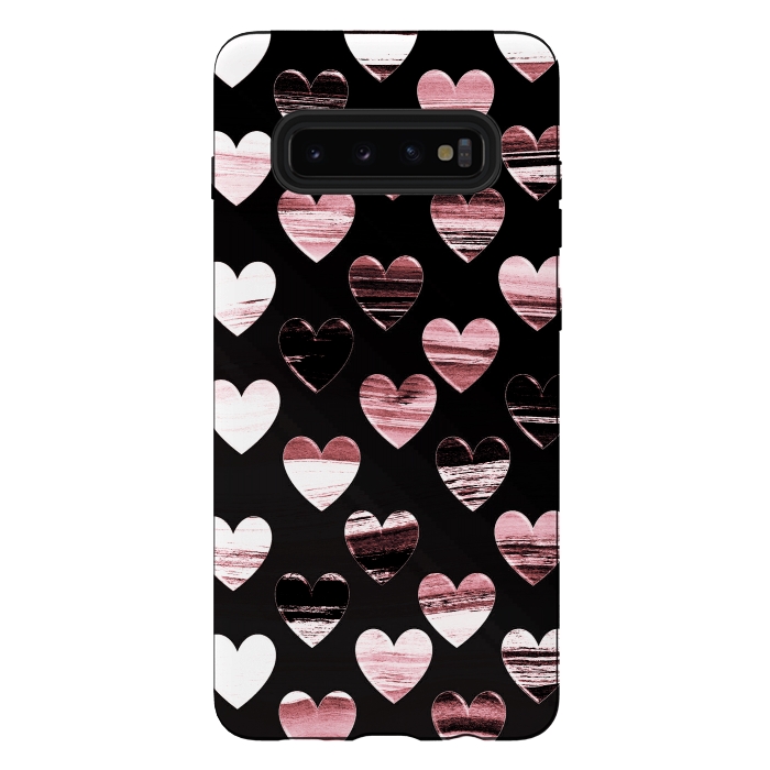 Galaxy S10 plus StrongFit Pink white brushed chocolate hearts on black backgroung by Oana 