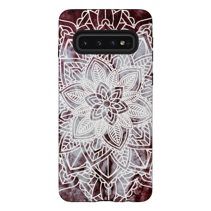 Galaxy S10 StrongFit white line art floral mandala on burgundy marble by Oana 