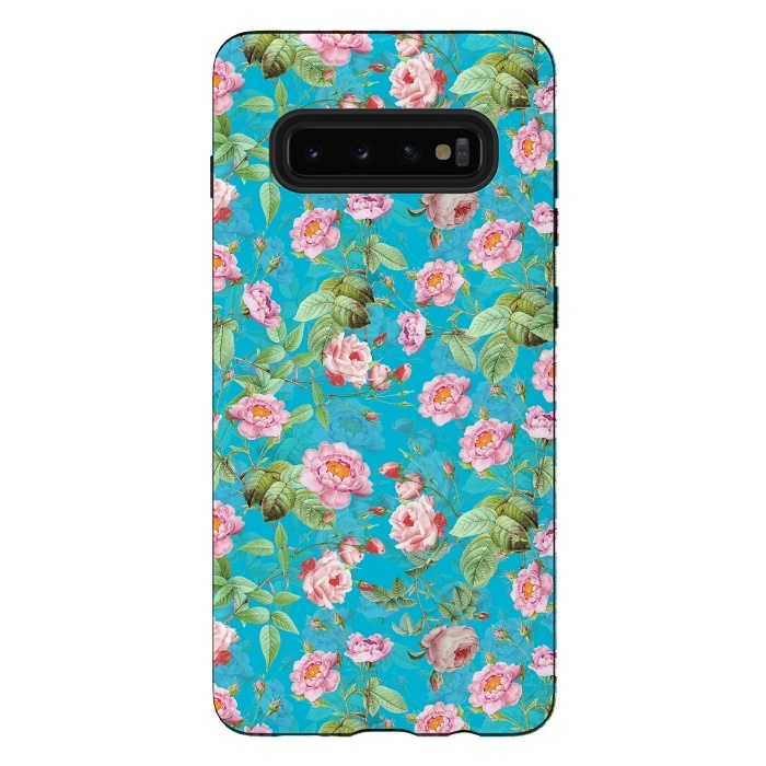Galaxy S10 plus StrongFit Blush Rose Garden on Teal - vintage flower drawing by  Utart