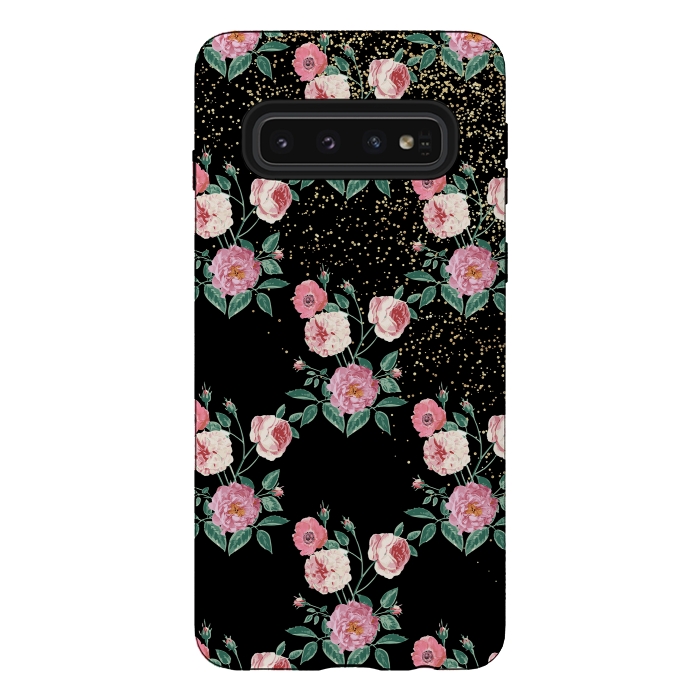 Galaxy S10 StrongFit Romantic peony floral and golden confetti design by InovArts