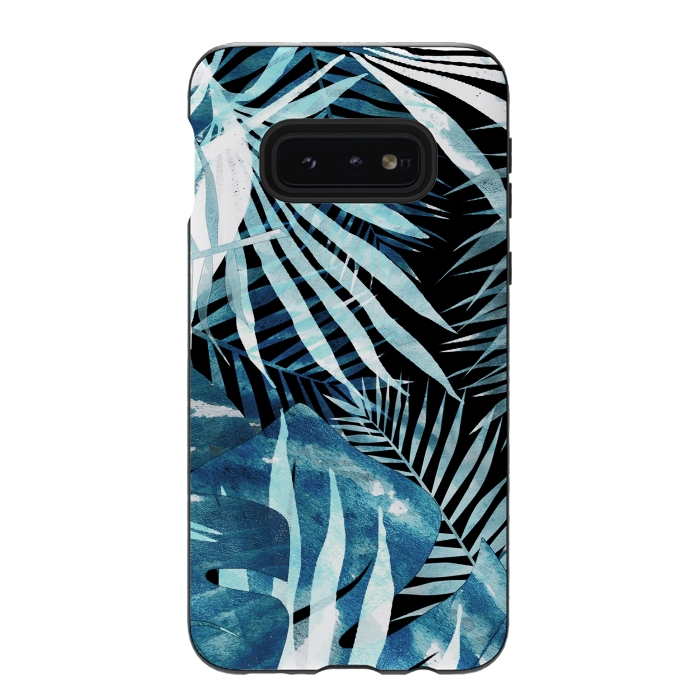 Galaxy S10e StrongFit Turquoise black palm and ficus tropical leaves by Oana 