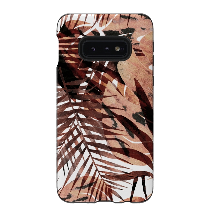 Galaxy S10e StrongFit golden brown tropical palm and ficus leaves by Oana 