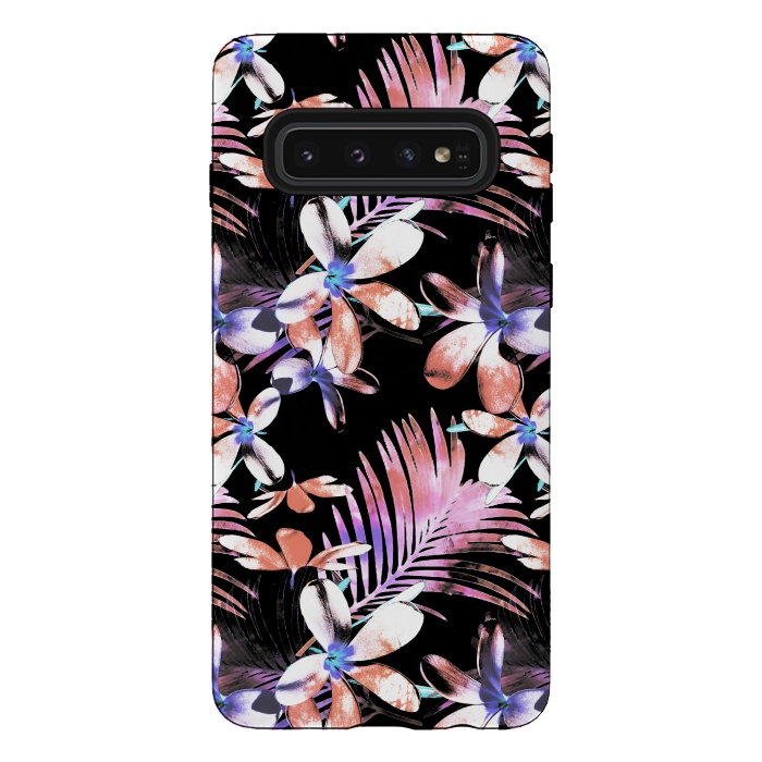 Galaxy S10 StrongFit Pink purple hibiscus flowers and tropical leaves pattern by Oana 