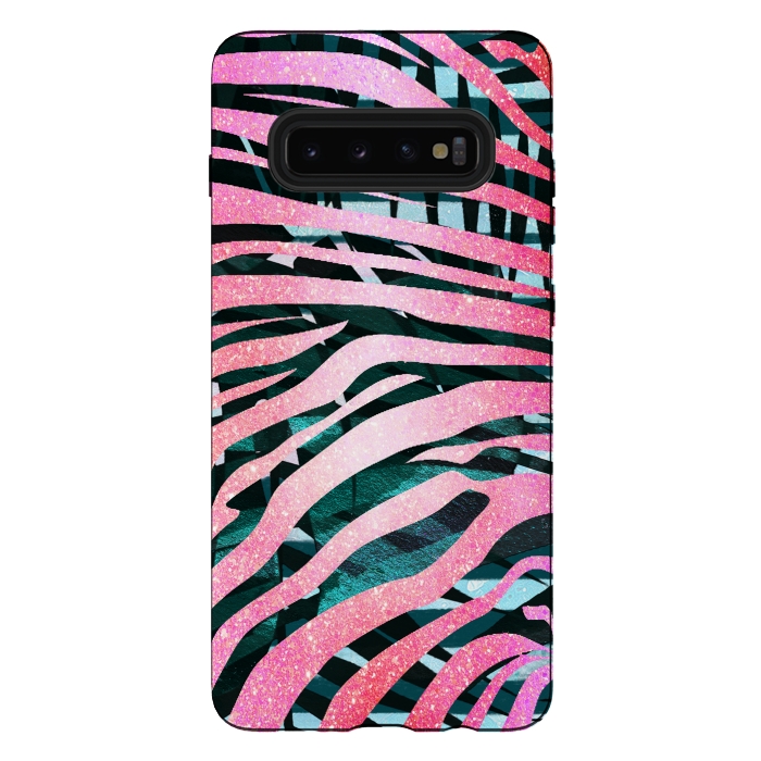 Galaxy S10 plus StrongFit Pink zebra stripes on tropical foliage by Oana 