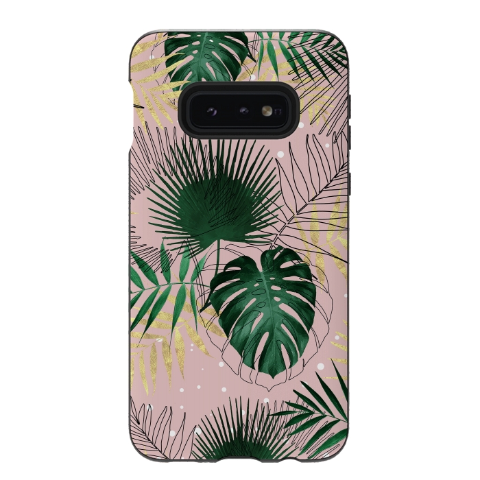 Galaxy S10e StrongFit Modern gold tropical leaves and doddles design  by InovArts