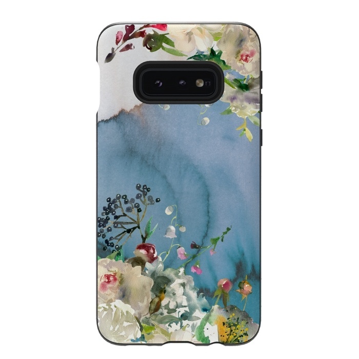Galaxy S10e StrongFit White florals on blue watercolor ink texture by  Utart