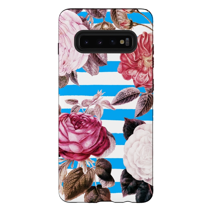 Galaxy S10 plus StrongFit Vintage roses illustration on blue and white stripes by Oana 